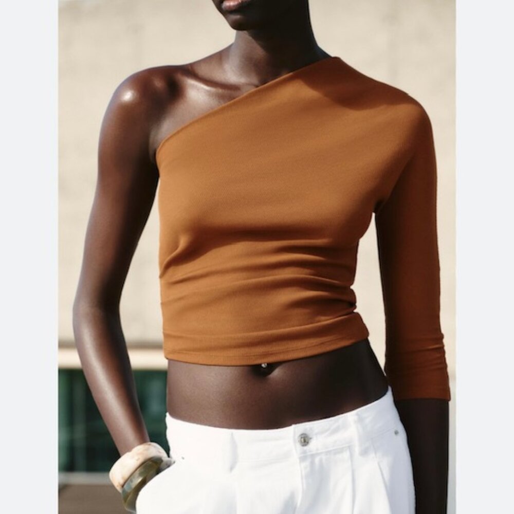 ZARA RIBBED ASSYMETRICAL TOP BURNT ORANGE L